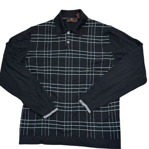 Toscano Merino Wool Blend Black Plaid Knit Polo Sweater Sz M Italy Preppy VTG